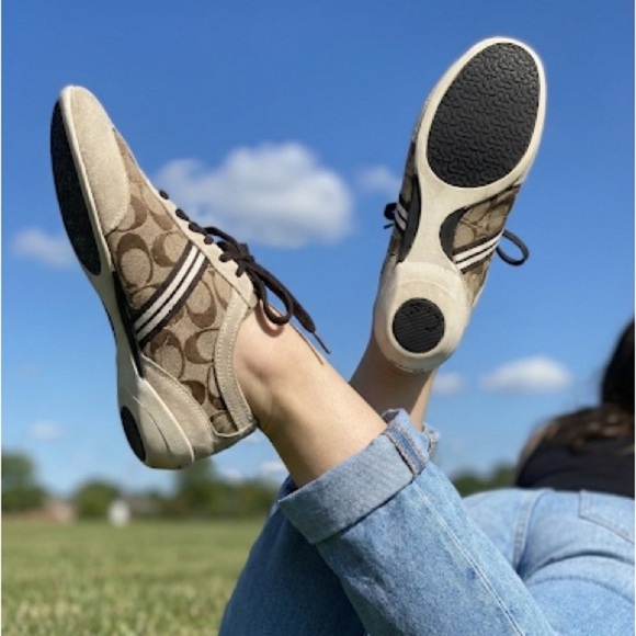 Coach Shoes - COACH Beyla Sneakers Khaki Signature Jacquard Suede Tennis Shoes Size 7 Brown